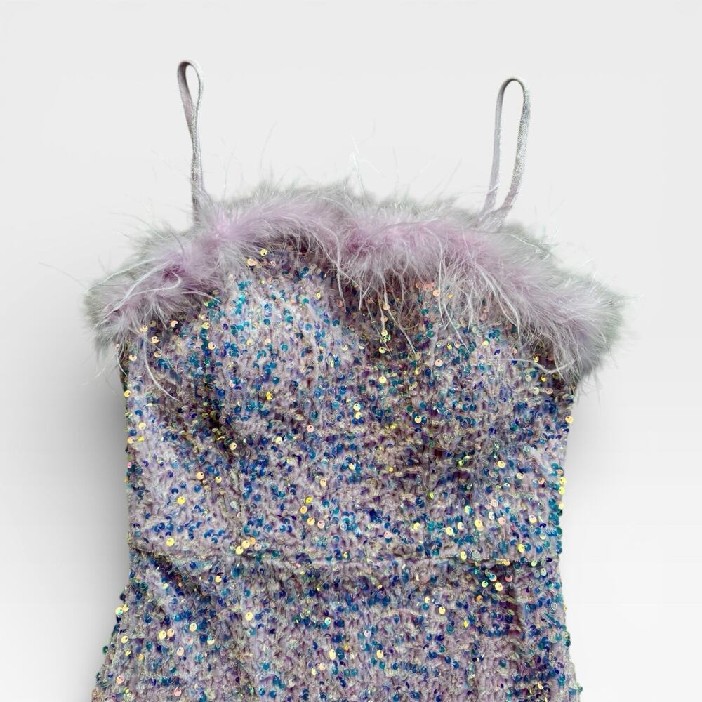 Crystal Doll Sequin Dress Size Medium Purple Feather Trim Y2K Party Formal Mini - Picture 3 of 6